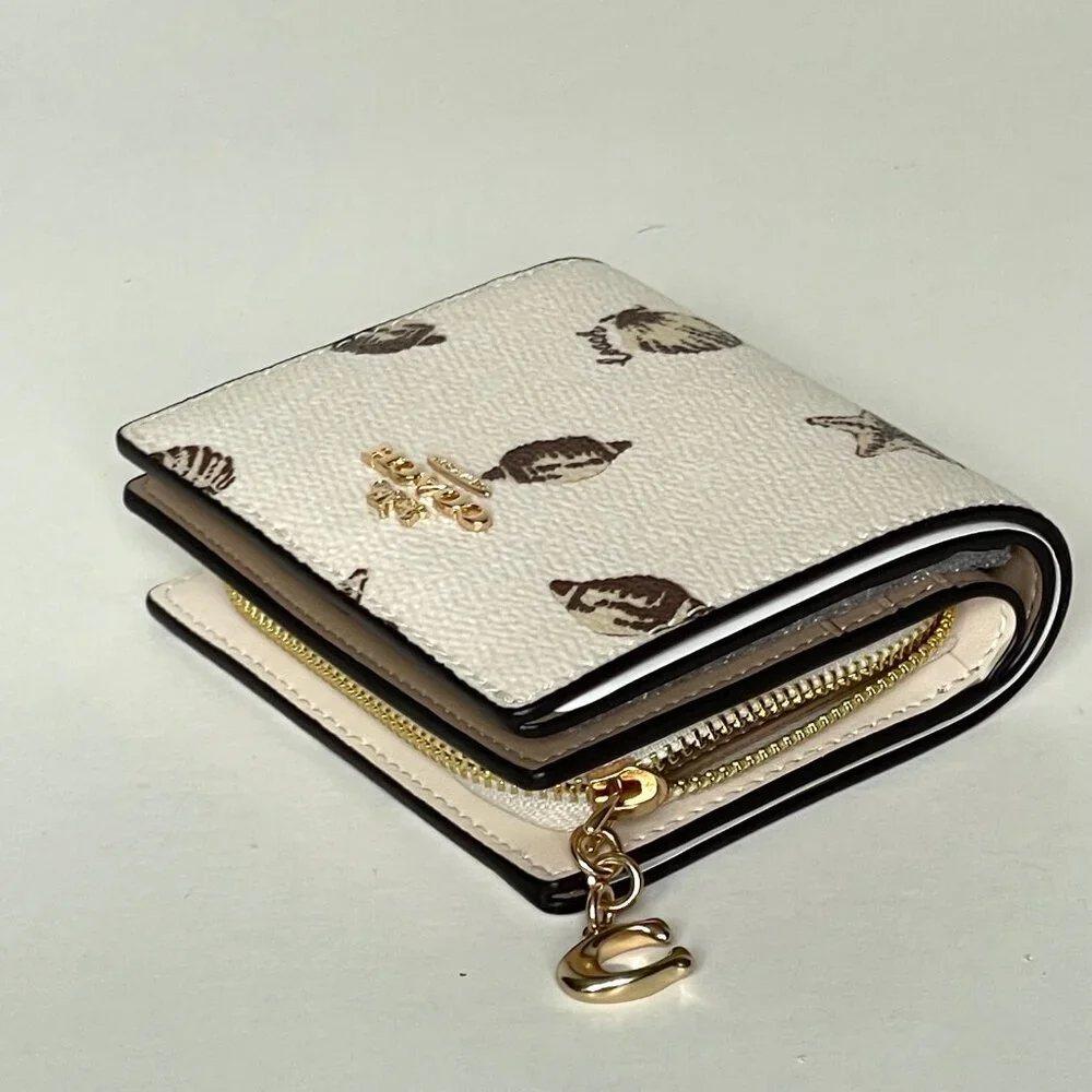 Coach Shell Print Snap ID Wallet White Brown Small Billfold - Picture 3 of 8